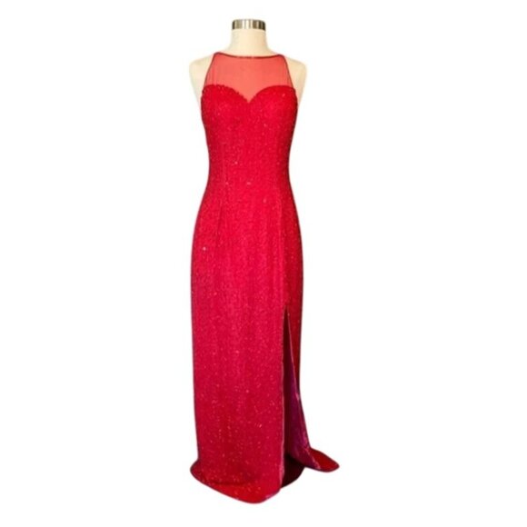 Andretta Donatello Red Gown XS Slit Mesh Beaded Detail Drama Glam Prom Pageant - Picture 2 of 10